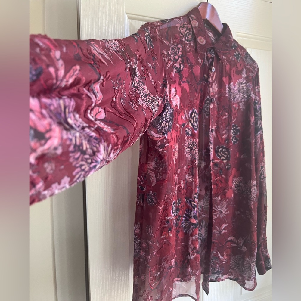ETRO Silk Floral Button Down Shirt Semi-Sheer Wine colour Size 8 Like New - Picture 2 of 15